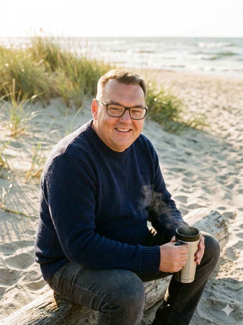 Marcin Wirkus — autor przewodników Instrukcja Pomorza, na plaży Pomorza Środkowego